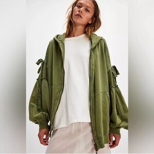 Free People Bow Girl Sweatshirt Cute Bow Tie Sleeve Hoodie Full Zip Jacket S